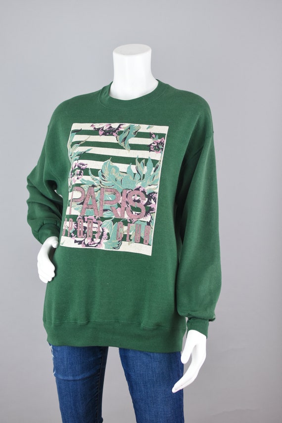 90s Jerzees Sweatshirt, Distressed Green Paris So… - image 3