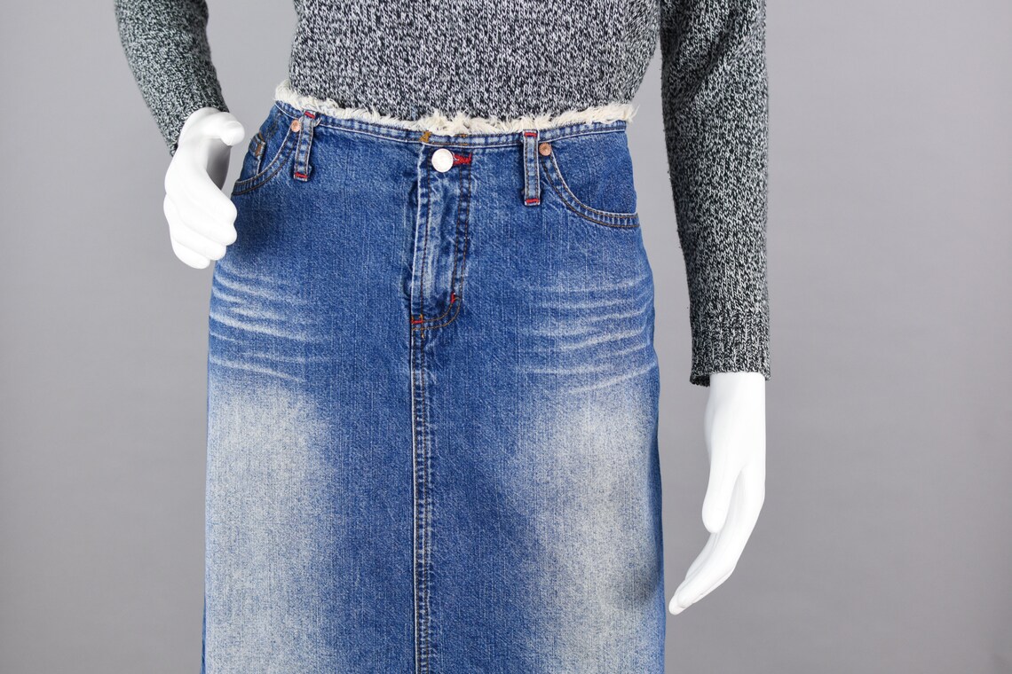 Long Jean Skirt Low Rise Distressed Denim Raw Hem Maxi with Etsy