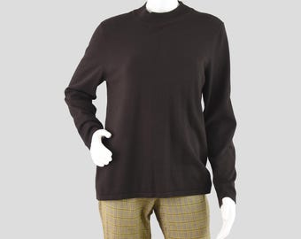 80s Brown Mockneck Sweater, Vintage Long Sleeve Knit Top, Women's Medium
