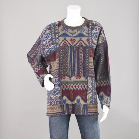 90s Express Patchwork Fuzzy Mixed Pattern Sweater… - image 1