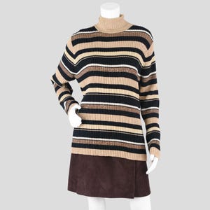 90s Ribbed Long Sleeve Turtleneck, Black & Gold Glitter Stripes, Women&#39;s Extra Large