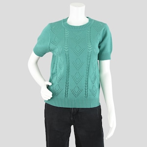 90s Short Sleeve Sweater, Green Crochet Knit Top, Women&#39;s Petite Medium