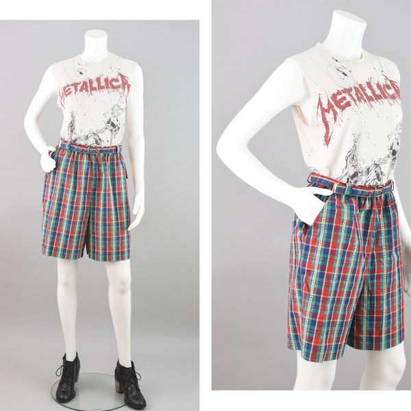 80s Plaid Bermudas, Vintage Belted Elastic High Waist Shorts, Women's Size 12, 28" Waist