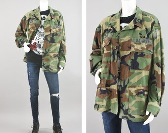 Vintage Camouflage Jacket, 90s Distressed Camo Coat, Military Issued Fatigue Shirt with Patches, Men's Medium Regular