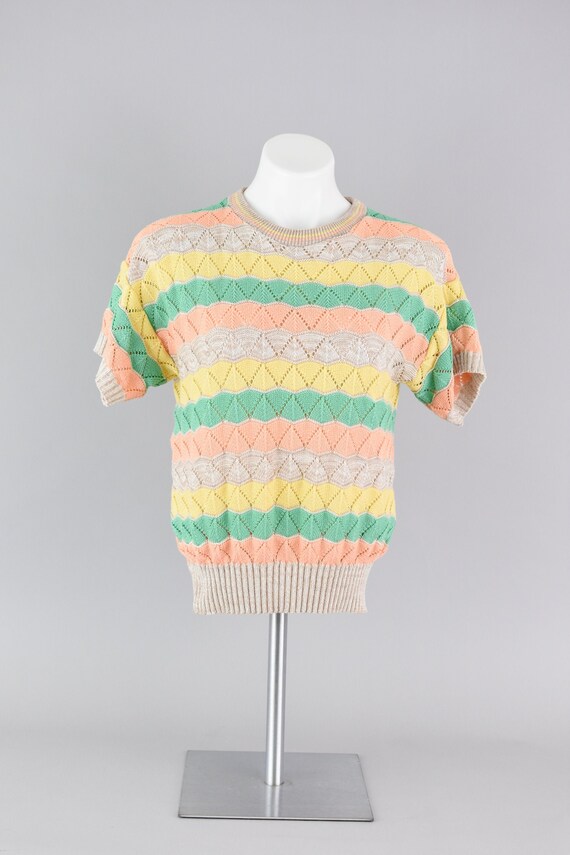 Short Sleeve Top, Vintage 80s Striped Pastel Rainb