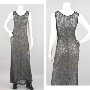 Vintage Black Metallic Party Dress, 90s Long Length Fishnet Overlay Maxi, Junior's Medium