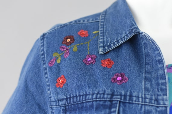 90s Embroidered Floral Jean Jacket, Boxy Fit Deni… - image 4