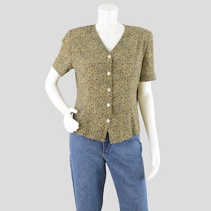 90s Animal Print Blouse, Vintage Short Sleeve Button Down Shirt, Women&#39;s Petite Medium
