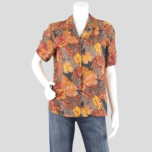 Vintage Silk Short Sleeve Top, Brown Floral & Leaves Blouse, Women's Medium