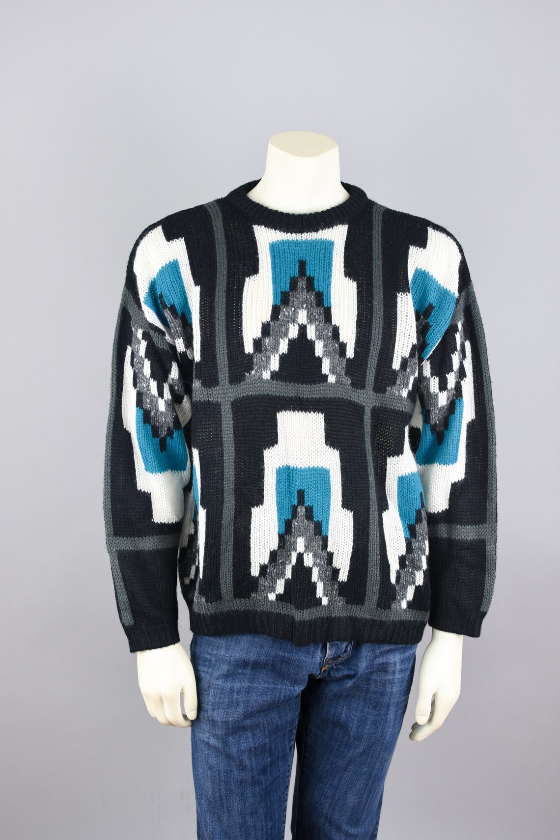 80s Esprit Sport Sweater Vintage Black White Teal Geometric | Etsy