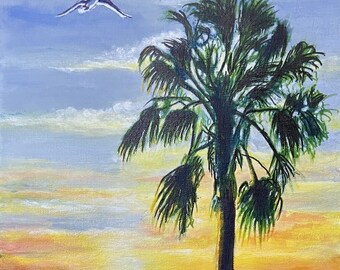 Sunset Acrylic Painting El Indio Palm Tree Ocean Beach Bird Woodland Nature Wildlife Original Florida Artist