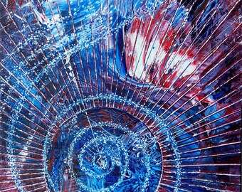 Blue Spiral Painting Original Circumvention Wild Bright Red Maroon Light Creative Energy Energetic Vibrant Art