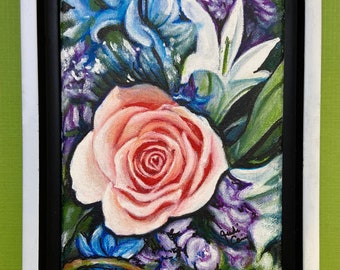 Summer Floral Acrylic Painting Pink Blue Purple Green Framed Signed Great Gift
