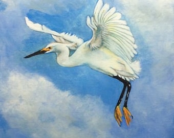 Egret Acrylic Painting Blue Flight Flying Shore Water Bird Cottagecore Woodland Nature Wildlife Original