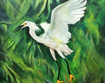 Egret Acrylic Painting Taking Flight Water Bird Cottagecore Woodland Nature Wildlife Original