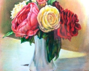 Camellias in Amsterdam Original Colored Pencil Drawing Sketch Still Life Floral Soft Valentine's Day Romantic