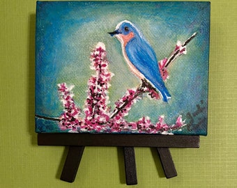 Miniature Acrylic Paint Eastern Bluebird Blue Bird Pink Floral Cottagecore Woodland Nature Wildlife Original Easel