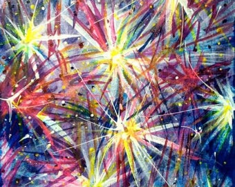 Acrylic Painting Fireworks Black Light Reactive Celebration Creative Energy Energetic Art Yellow Blue Red