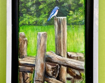 Bluebird Acrylic Painting Morning Song Songbird Bird Cottagecore Woodland Nature Wildlife Original