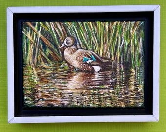 Duck Acrylic Painting Wood Duck Female Cottagecore Woodland Nature Bird Wildlife Original Signed