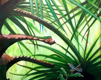Green Painting Original Acrylic Dragonesque Dragonfly Lizard Anole Snake Palm Frond Palmetto Everglades Creative Energy Florida