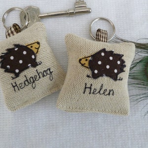 Hedgehog applique motif on linen keyring with option to have lavender scent and personalise