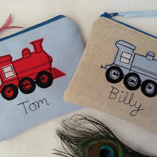 Personalised Train Purse Wallet Pouch - Blue or Red Fabric - Customisable Name - Ideal Steam Train Lovers Gift - Gift for Fathers Day