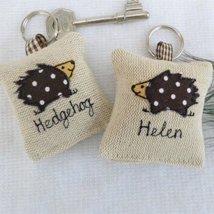 Hedgehog applique motif on linen keyring with option to have lavender scent and personalise