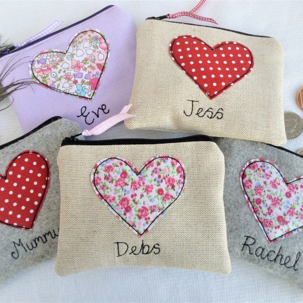 Personalised Heart Coin Purse - Wallet or Pouch with Choice of Colours & name - Custom Gift for Anniversary or Valentines or Mothers Day