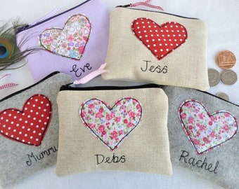 Personalised Heart Coin Purse - Wallet or Pouch with Choice of Colours & name - Custom Gift for Anniversary or Valentines or Mothers Day