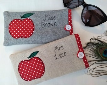 Teacher Custom Glasses Case - Spectacles or Sunglasses Case with Apple Design - Oatmeal Linen or Grey Wool - Personalised Gift for Teacher