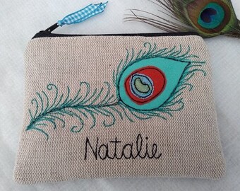 Peacock Feather Coin Purse - Personalised Wallet or Pouch on Oatmeal Linen - Teal lining - Handmade gift For Mom Mother Beautiful embroidery