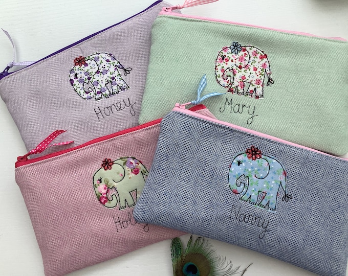 Elephant Personalised Pencil Case - Appliqued Motif Art Pouch- Choice of Floral Fabric - Free Motion Gift for Mum Her Elephant Lover