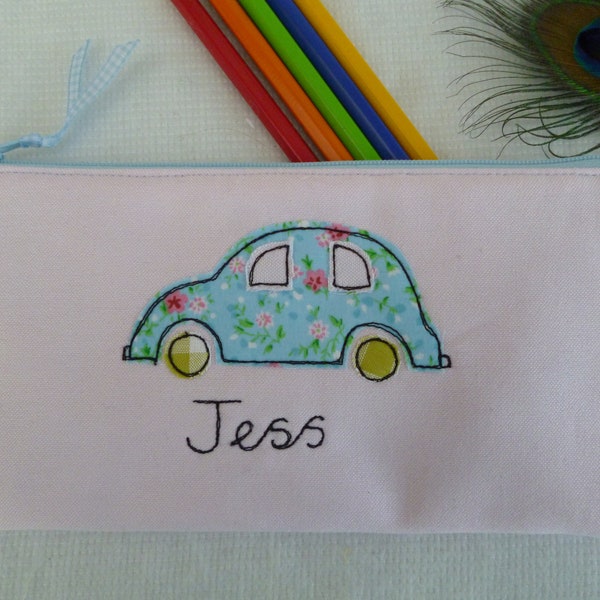 Personalised Car Cosmetic Bag - Custom Floral Car Embroidered on Pink Cotton Makeup Pouch - Handmade Girls Gift - First Car Gift