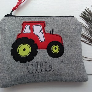 Handmade Personalised Tractor Coin Card Purse Wallet Pouch Grey wool or Oatmeal Linen Choice of name, Red Green or Blue Tractor, Boys Gift. fastened with a zip and ribbon pull