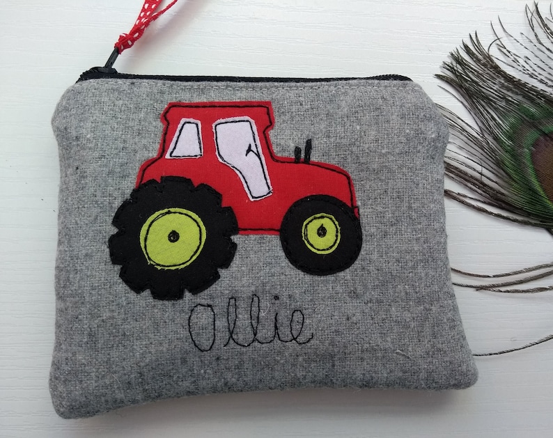 Handmade Personalised Tractor Coin Card Purse Wallet Pouch Grey wool or Oatmeal Linen Choice of name, Red Green or Blue Tractor, Boys Gift. fastened with a zip and ribbon pull