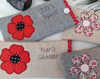 Flower Poppy Glasses Case - Customisable Gift for Grandma or Mum - Linen or Grey Fabric - Personalised with Name - Spectacles Holder