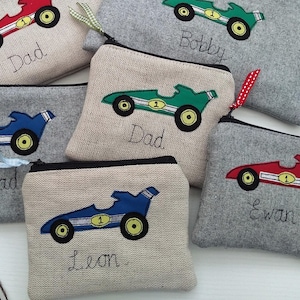 Personalised Racing Car Wallet - Custom Coin Purse Pouch on Grey or Linen - Choice of Red, Green or Blue Gift for Dad Boys Motor Racing Fan