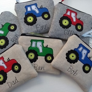 Handmade Personalised Tractor Coin Card Purse Wallet Pouch Grey wool or Oatmeal Linen Choice of name, Red Green or Blue Tractor, Boys Gift. fastened with a zip and ribbon pull