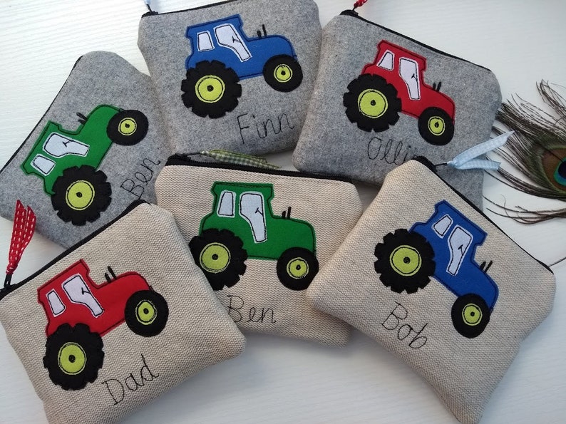 Handmade Personalised Tractor Coin Card Purse Wallet Pouch Grey wool or Oatmeal Linen Choice of name, Red Green or Blue Tractor, Boys Gift. fastened with a zip and ribbon pull