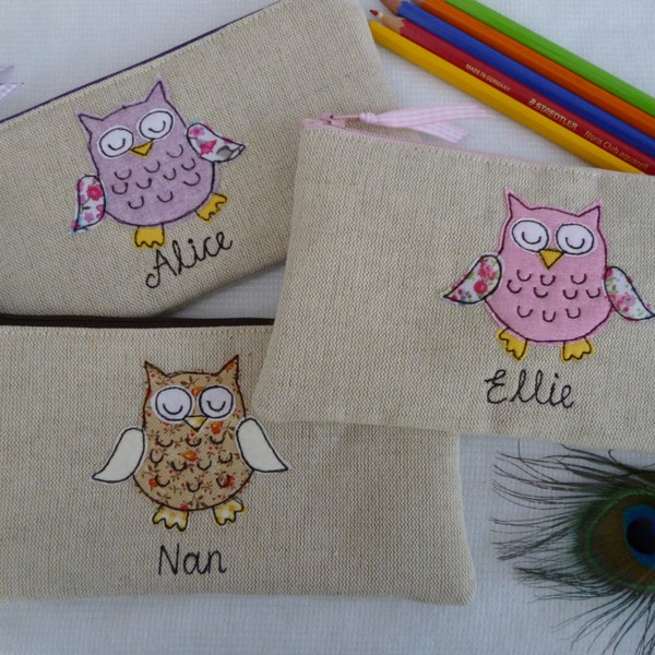 Personalised Owl Pencil Case - Linen Pen Pouch with Choice of Words and Colour -  Nan Gran Custom Gift - Free Motion Applique Textile Art