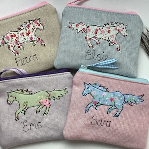 Horse Custom Coin Purse - Wallet or Pouch with Choice of colour and Personalisation Floral Lining - Ideal Girl Gift for Horse Lover or Rider