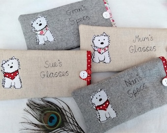 Personalised Westie Glasses Case with Custom Name - Linen or Grey - Terrier Dog Spectacles Pouch - Gift for Dog Lovers