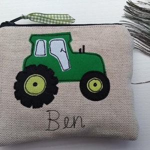 Handmade Personalised Tractor Coin Card Purse Wallet Pouch Grey wool or Oatmeal Linen Choice of name, Red Green or Blue Tractor, Boys Gift. fastened with a zip and ribbon pull