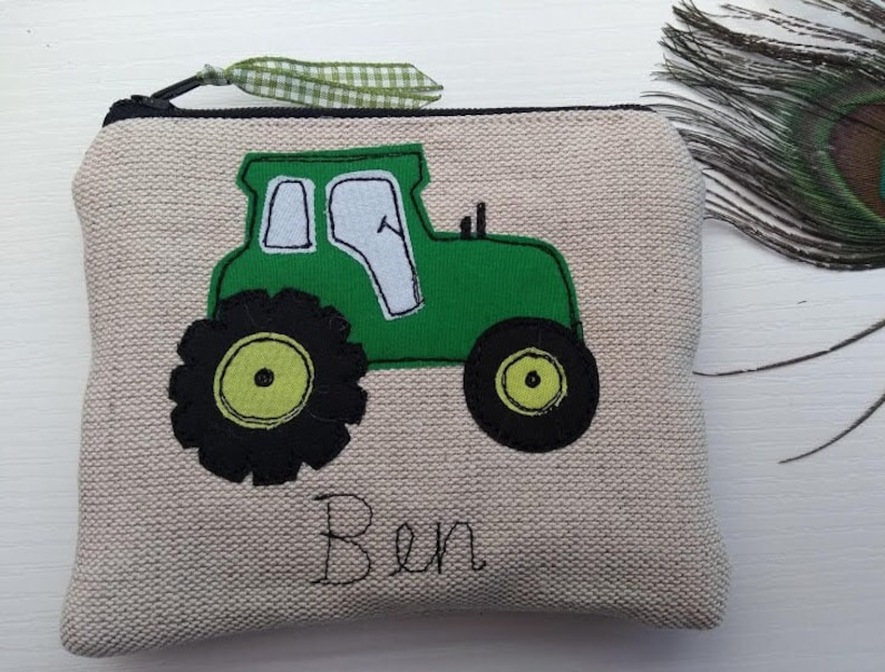 Handmade Personalised Tractor Coin Card Purse Wallet Pouch Grey wool or Oatmeal Linen Choice of name, Red Green or Blue Tractor, Boys Gift. fastened with a zip and ribbon pull