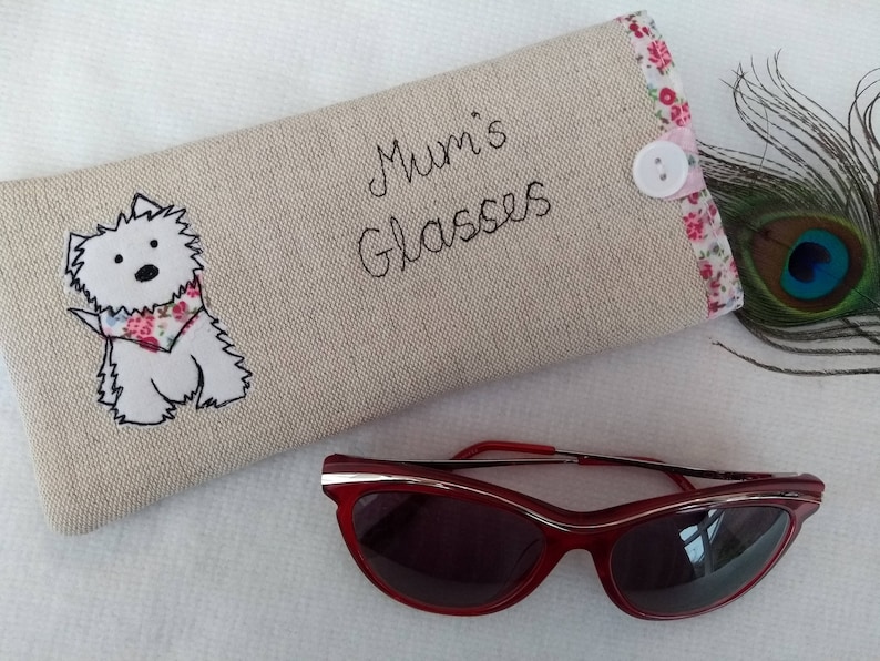 Handmade Personalised Scottie Dog Glasses Spectacles Case Linen or Grey Choice of name or wording personalization Terrier Dog Lover Gift