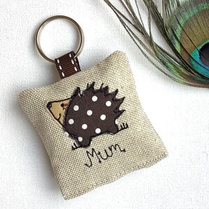 Hedgehog applique motif on linen keyring with option to have lavender scent and personalise