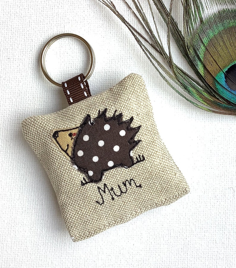 Hedgehog applique motif on linen keyring with option to have lavender scent and personalise