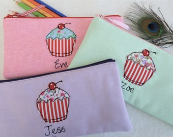 Cupcake Personalised Pencil Case - Art Pen Holder with Choice of Fabric & Embroidered Name - Cake motif - Perfect Custom Gift for Baker Her