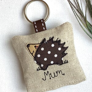 Hedgehog applique motif on linen keyring with option to have lavender scent and personalise